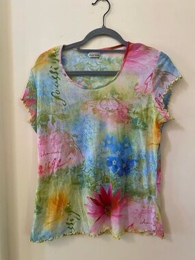 Nomadic Traders Vintage Y2K Floral Mesh Lettuce Edge Top XL
